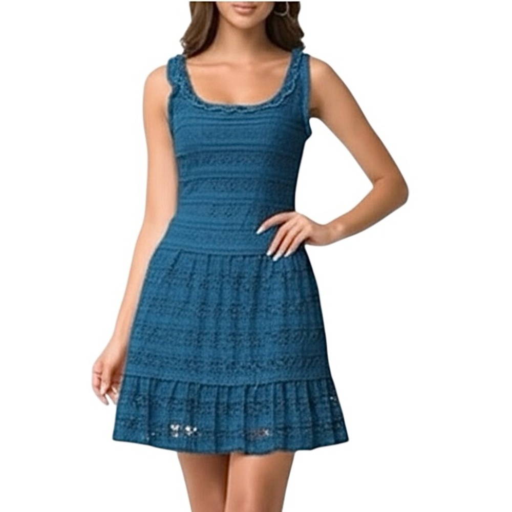 Max Studio Tiered Lace Ruffle Fit & Flare Mini Dress Jade Blue Green S Cocktail